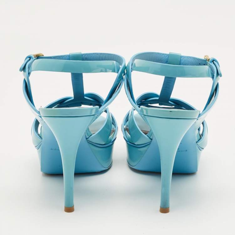 Pre Owned Saint Laurent Blue Patent Leather Platform Sandals Size 40