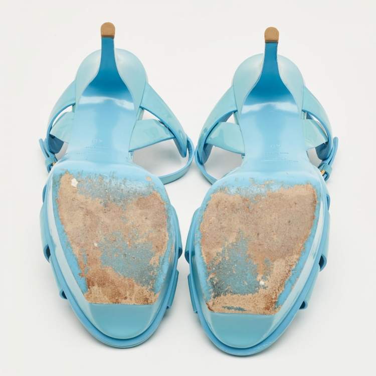 Pre Owned Saint Laurent Blue Patent Leather Platform Sandals Size 40