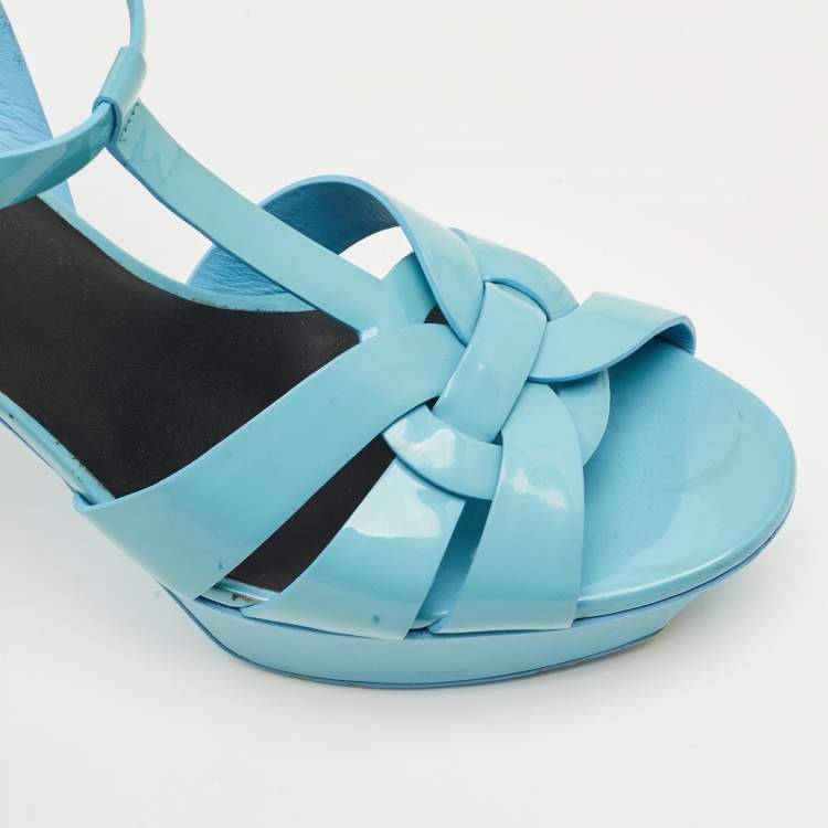 Pre Owned Saint Laurent Blue Patent Leather Platform Sandals Size 40