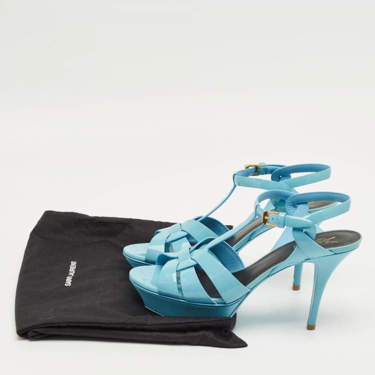 Pre Owned Saint Laurent Blue Patent Leather Platform Sandals Size 40