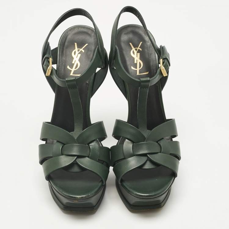 Pre Owned Saint Laurent Green Leather Tribute Platform Sandals Size 39