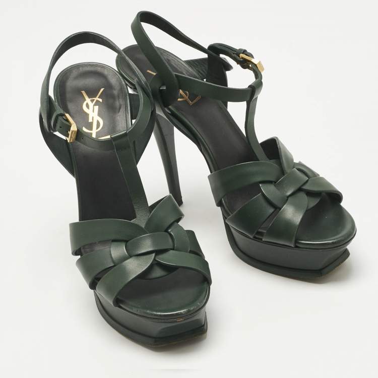 Pre Owned Saint Laurent Green Leather Tribute Platform Sandals Size 39