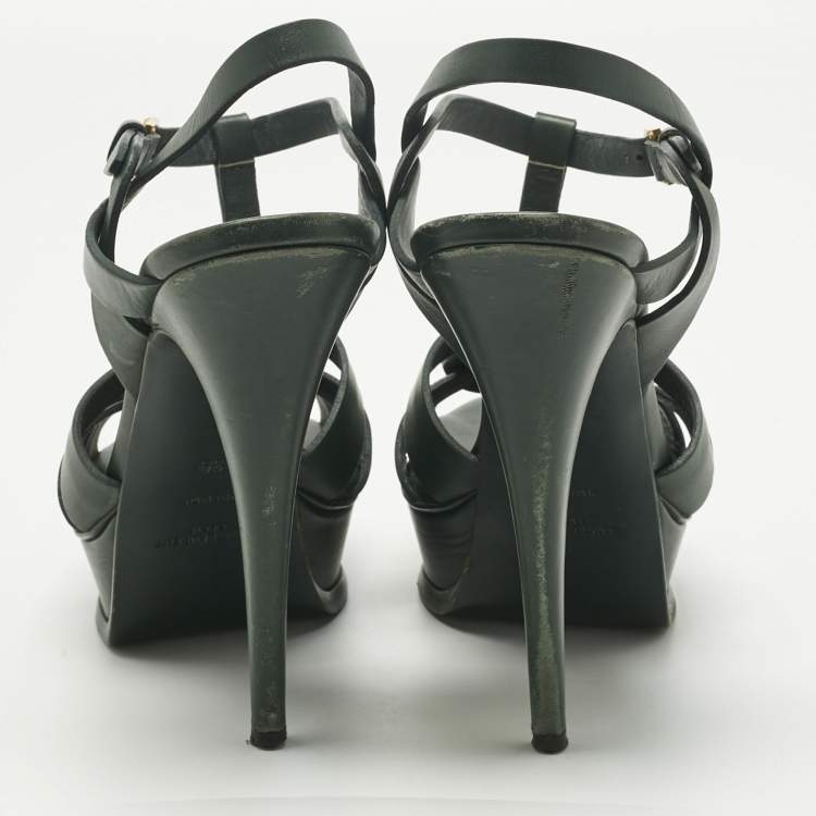 Pre Owned Saint Laurent Green Leather Tribute Platform Sandals Size 39