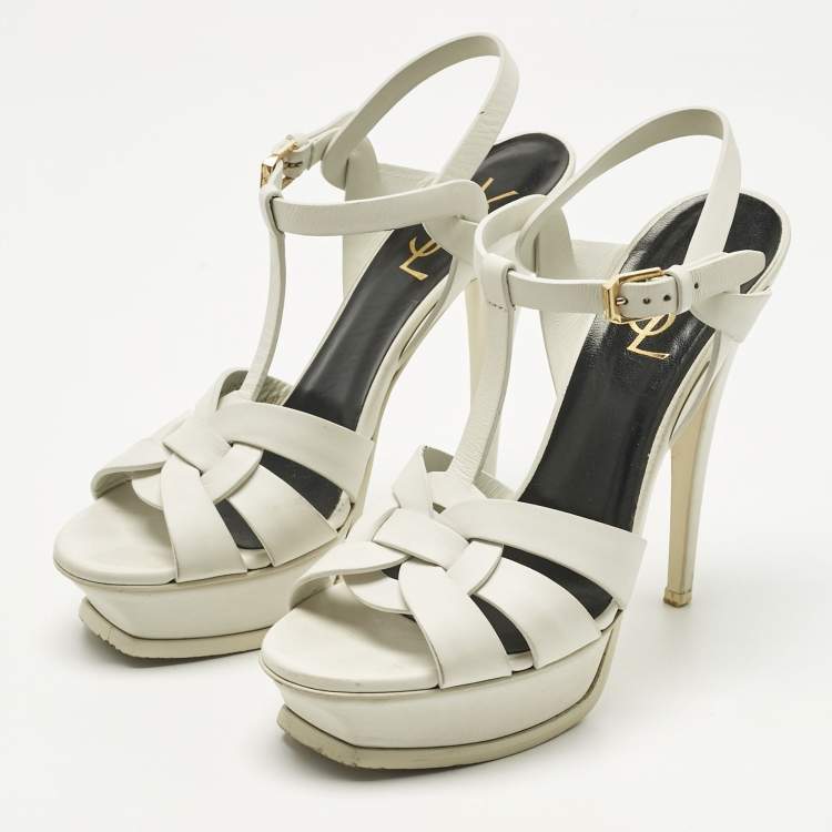 Pre Owned Saint Laurent Paris White Leather Platform Sandals Size 38