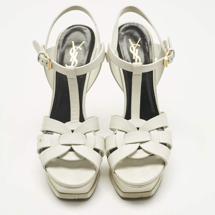 Pre Owned Saint Laurent Paris White Leather Platform Sandals Size 38