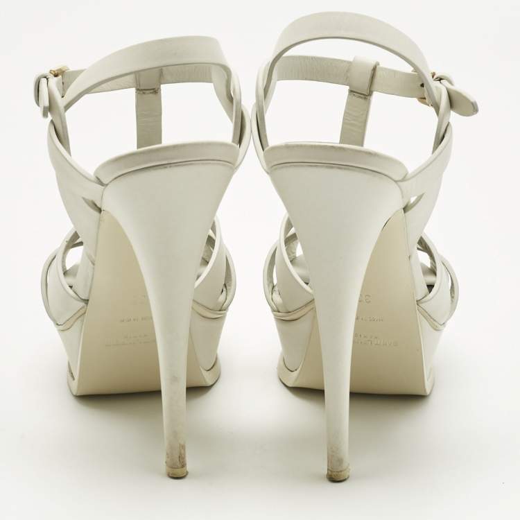 Pre Owned Saint Laurent Paris White Leather Platform Sandals Size 38