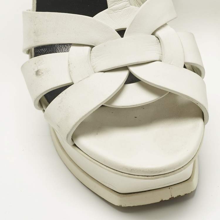 Pre Owned Saint Laurent Paris White Leather Platform Sandals Size 38