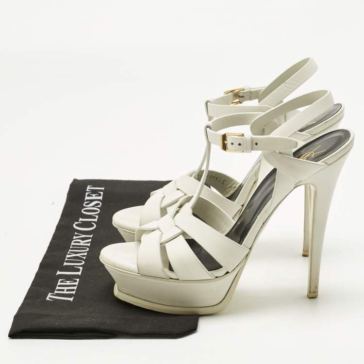 Pre Owned Saint Laurent Paris White Leather Platform Sandals Size 38