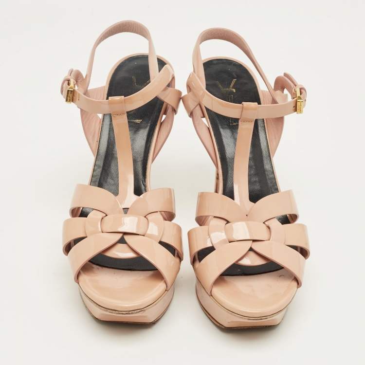 Pre Owned Saint Laurent Beige Patent Leather Tribute Platform Sandals Size 39