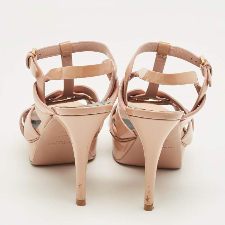 Pre Owned Saint Laurent Beige Patent Leather Tribute Platform Sandals Size 39