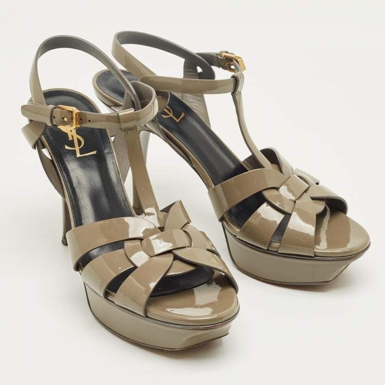 Pre Owned Saint Laurent Grey Patent Leather Tribute Platform Sandals Size 39