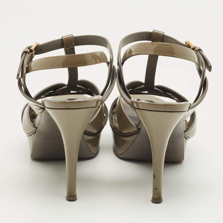 Pre Owned Saint Laurent Grey Patent Leather Tribute Platform Sandals Size 39