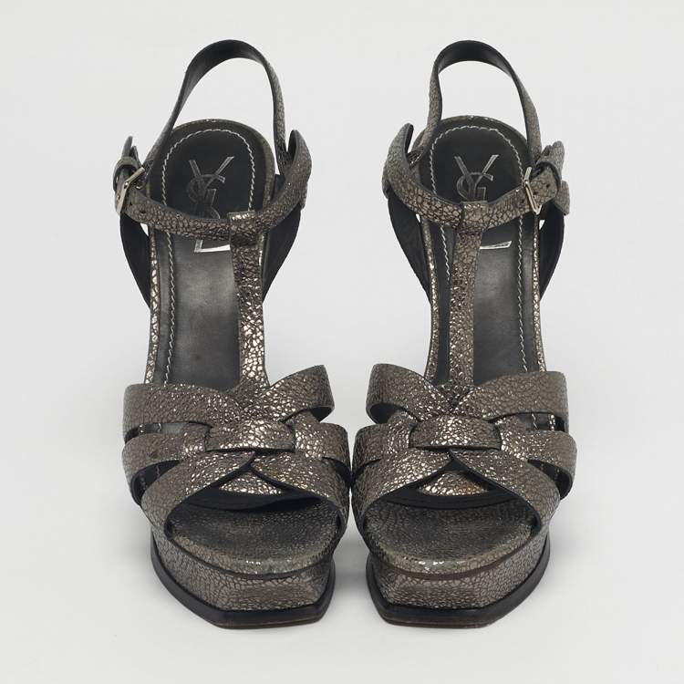 Pre Owned Saint Laurent Grey/Gold Leather Tribute Platform Sandals Size 39