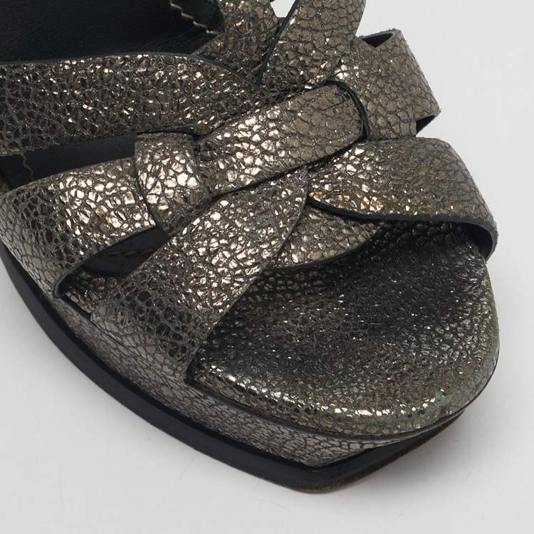 Pre Owned Saint Laurent Grey/Gold Leather Tribute Platform Sandals Size 39