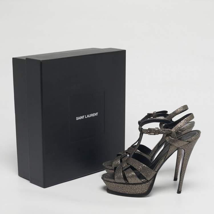 Pre Owned Saint Laurent Grey/Gold Leather Tribute Platform Sandals Size 39