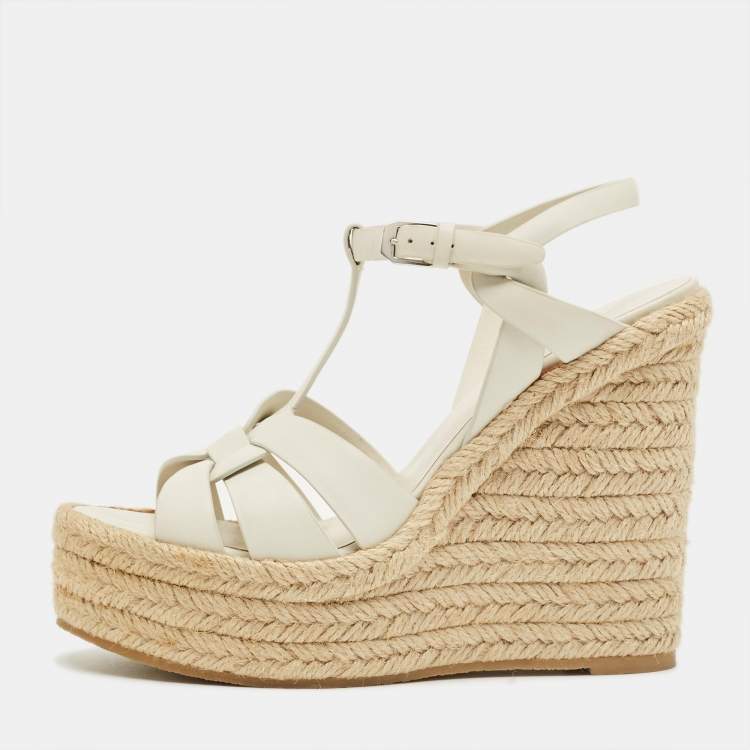 Pre Owned Saint Laurent Paris White Leather Tribute Espadrille Wedge Sandals Size 39