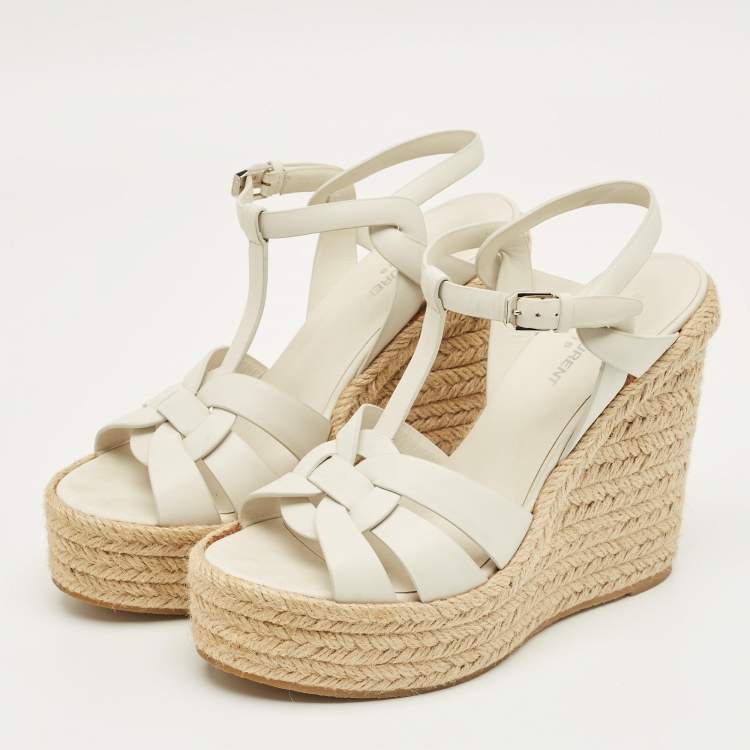 Pre Owned Saint Laurent Paris White Leather Tribute Espadrille Wedge Sandals Size 39