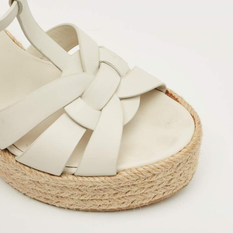 Pre Owned Saint Laurent Paris White Leather Tribute Espadrille Wedge Sandals Size 39