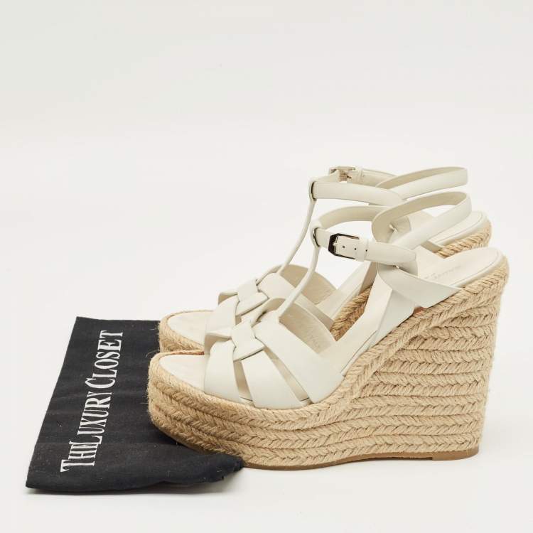 Pre Owned Saint Laurent Paris White Leather Tribute Espadrille Wedge Sandals Size 39