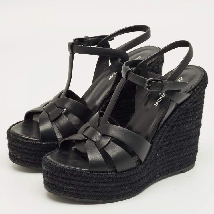 Pre Owned Saint Laurent Black Leather Tribute Espadrille Wedge Sandals Size 39