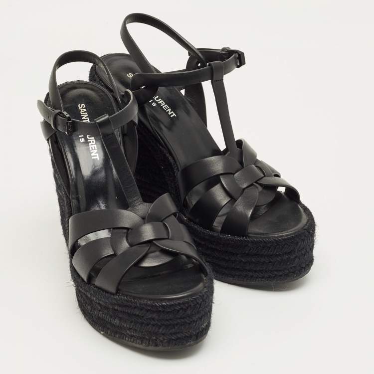 Pre Owned Saint Laurent Black Leather Tribute Espadrille Wedge Sandals Size 39