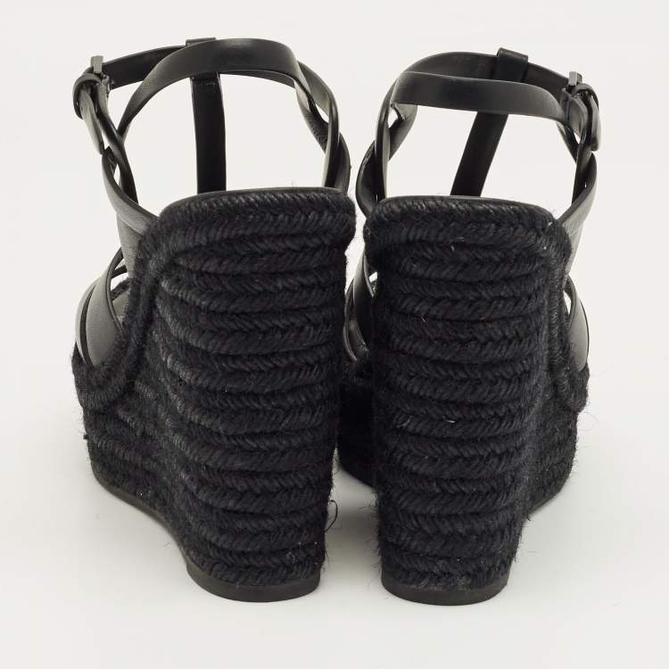 Pre Owned Saint Laurent Black Leather Tribute Espadrille Wedge Sandals Size 39