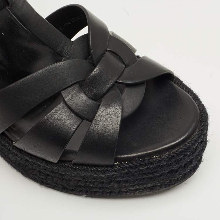 Pre Owned Saint Laurent Black Leather Tribute Espadrille Wedge Sandals Size 39