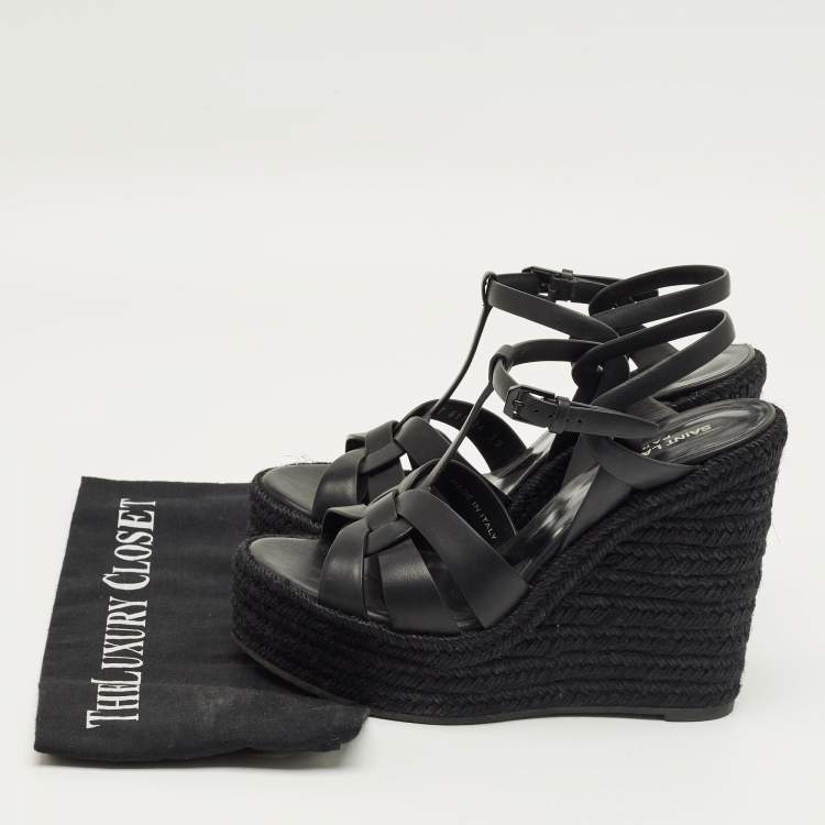 Pre Owned Saint Laurent Black Leather Tribute Espadrille Wedge Sandals Size 39