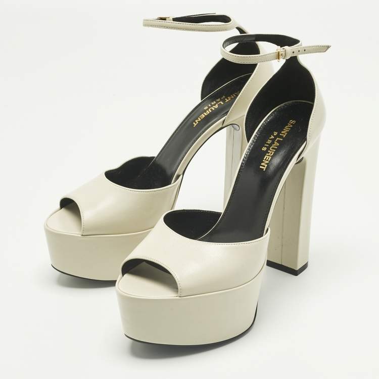 Pre Owned Saint Laurent Cream Leather Jodie Ankle Strap Sandals Size 38.5