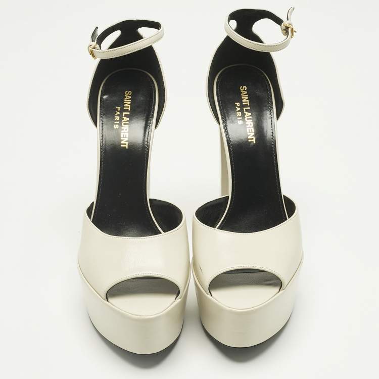 Pre Owned Saint Laurent Cream Leather Jodie Ankle Strap Sandals Size 38.5