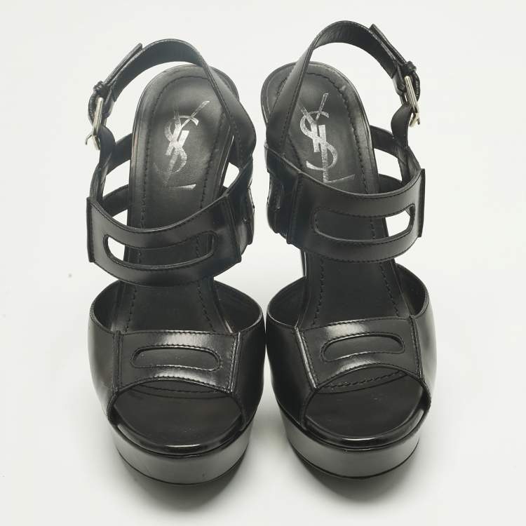 Pre Owned Saint Laurent Black Leather Double Cutout Strap Ankle Strap Sandals Size 36.5