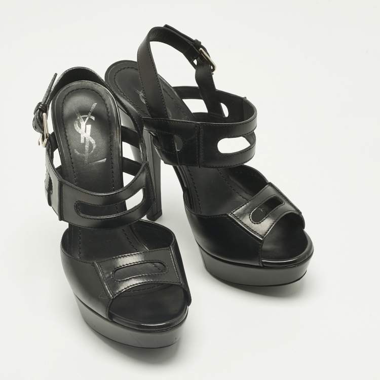 Pre Owned Saint Laurent Black Leather Double Cutout Strap Ankle Strap Sandals Size 36.5