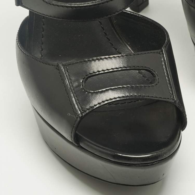 Pre Owned Saint Laurent Black Leather Double Cutout Strap Ankle Strap Sandals Size 36.5