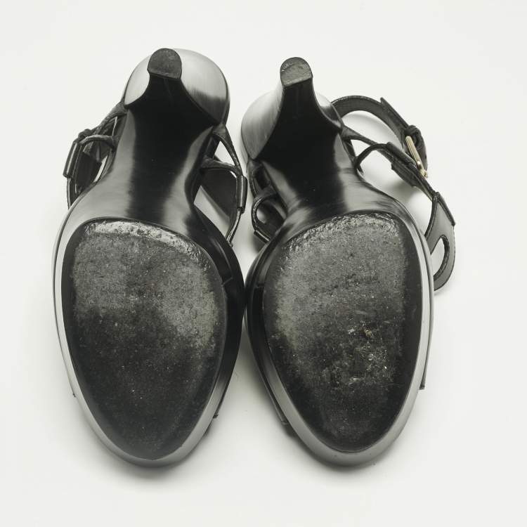 Pre Owned Saint Laurent Black Leather Double Cutout Strap Ankle Strap Sandals Size 36.5