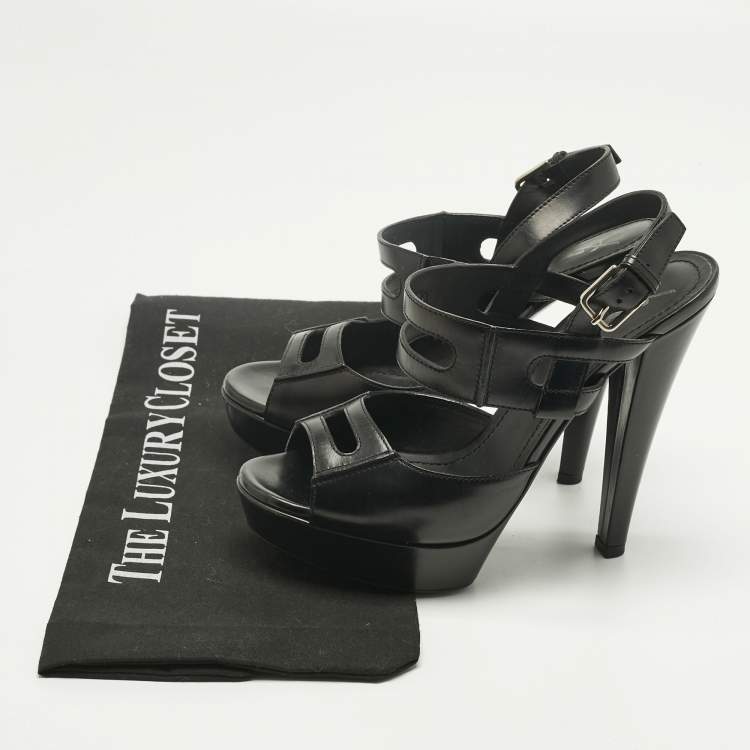 Pre Owned Saint Laurent Black Leather Double Cutout Strap Ankle Strap Sandals Size 36.5