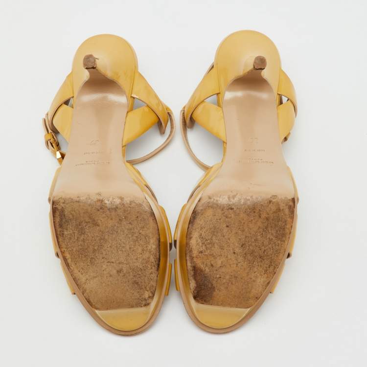 Pre Owned Saint Laurent Beige Patent Leather Tribute Platform Sandals Size 39