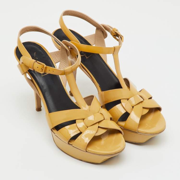 Pre Owned Saint Laurent Beige Patent Leather Tribute Platform Sandals Size 39