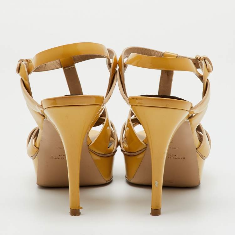 Pre Owned Saint Laurent Beige Patent Leather Tribute Platform Sandals Size 39