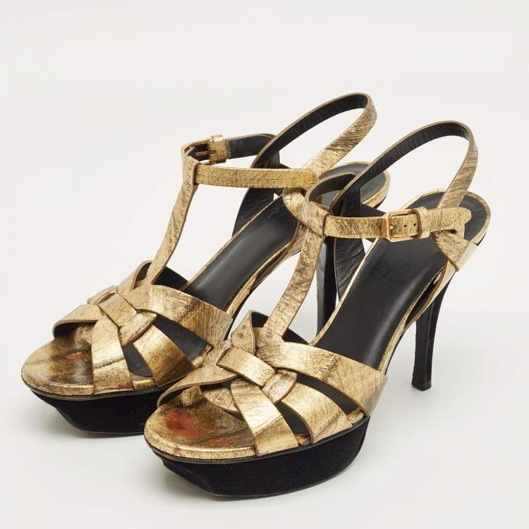 Pre Owned Saint Laurent Gold Eel Leather Tribute Platform Sandals Size 37