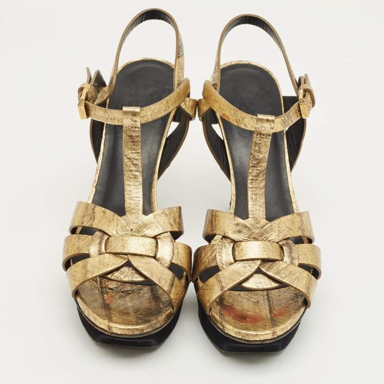 Pre Owned Saint Laurent Gold Eel Leather Tribute Platform Sandals Size 37