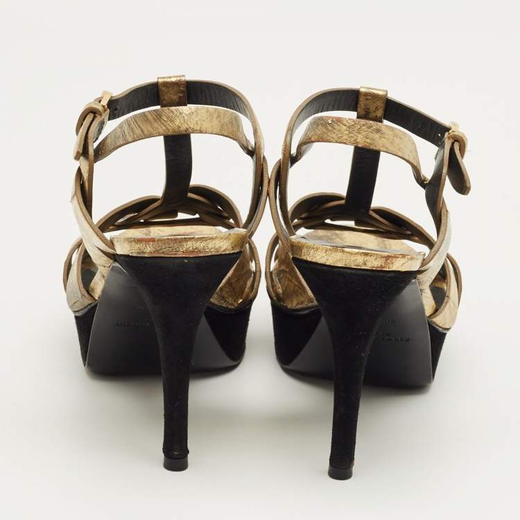 Pre Owned Saint Laurent Gold Eel Leather Tribute Platform Sandals Size 37