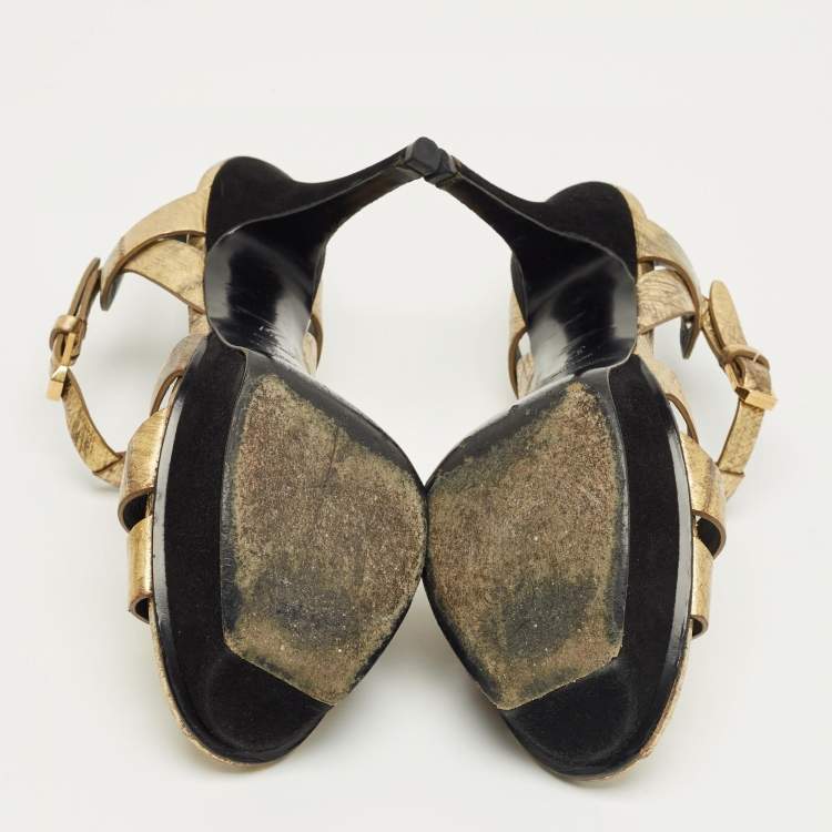 Pre Owned Saint Laurent Gold Eel Leather Tribute Platform Sandals Size 37