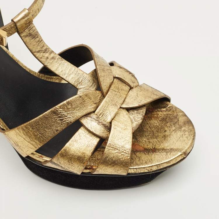 Pre Owned Saint Laurent Gold Eel Leather Tribute Platform Sandals Size 37