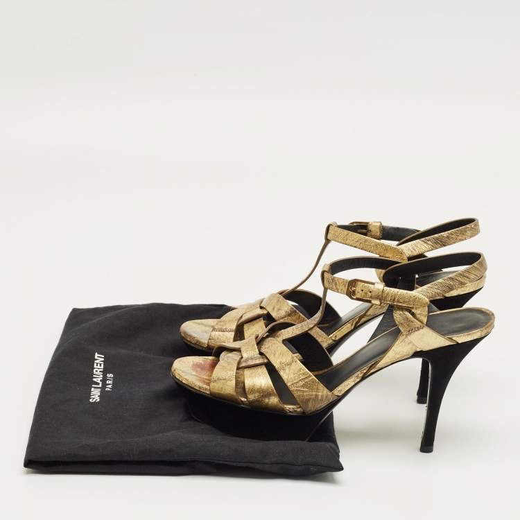 Pre Owned Saint Laurent Gold Eel Leather Tribute Platform Sandals Size 37