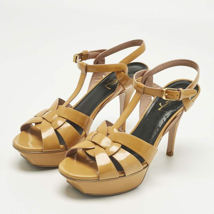 Pre Owned Saint Laurent Yellow Patent Leather Tribute Ankle Strap Sandals Size 38