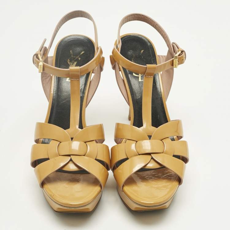 Pre Owned Saint Laurent Yellow Patent Leather Tribute Ankle Strap Sandals Size 38