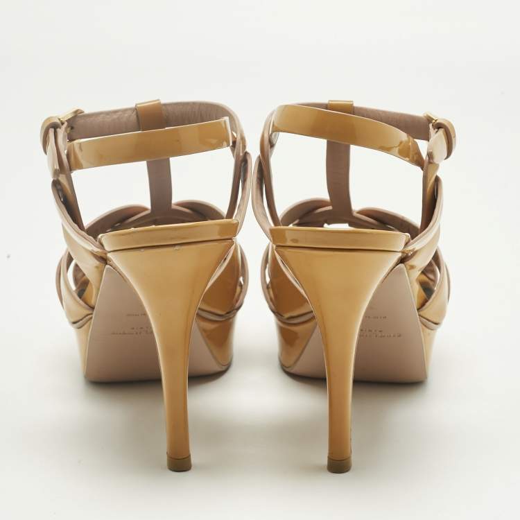 Pre Owned Saint Laurent Yellow Patent Leather Tribute Ankle Strap Sandals Size 38