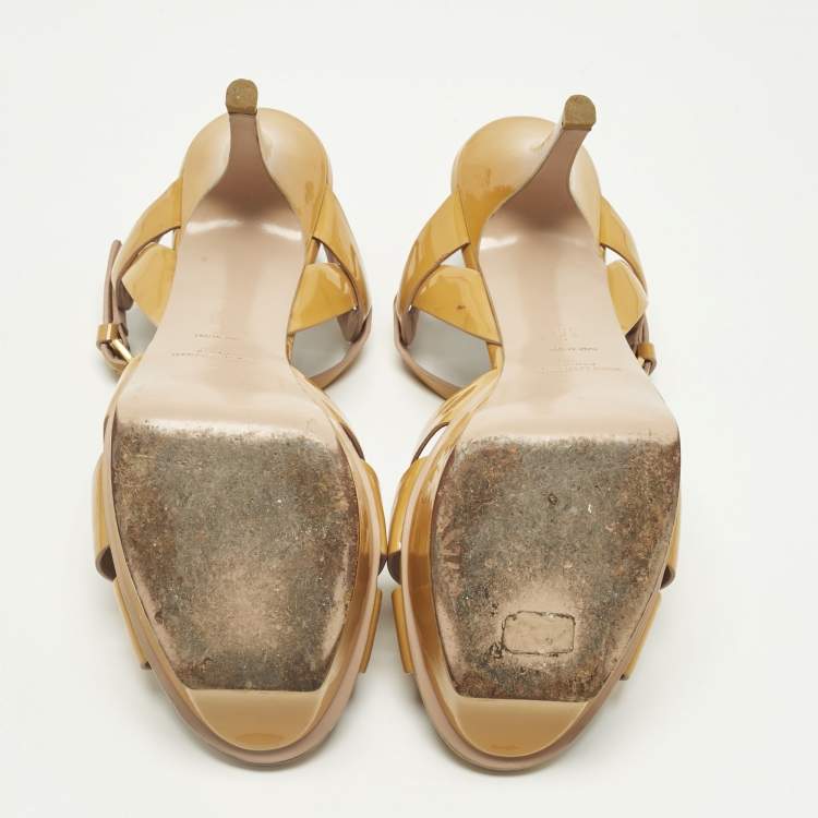 Pre Owned Saint Laurent Yellow Patent Leather Tribute Ankle Strap Sandals Size 38