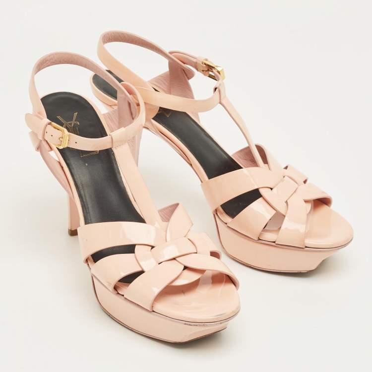 Pre Owned Saint Laurent Beige Patent Leather Tribute Platform Sandals Size 39.5