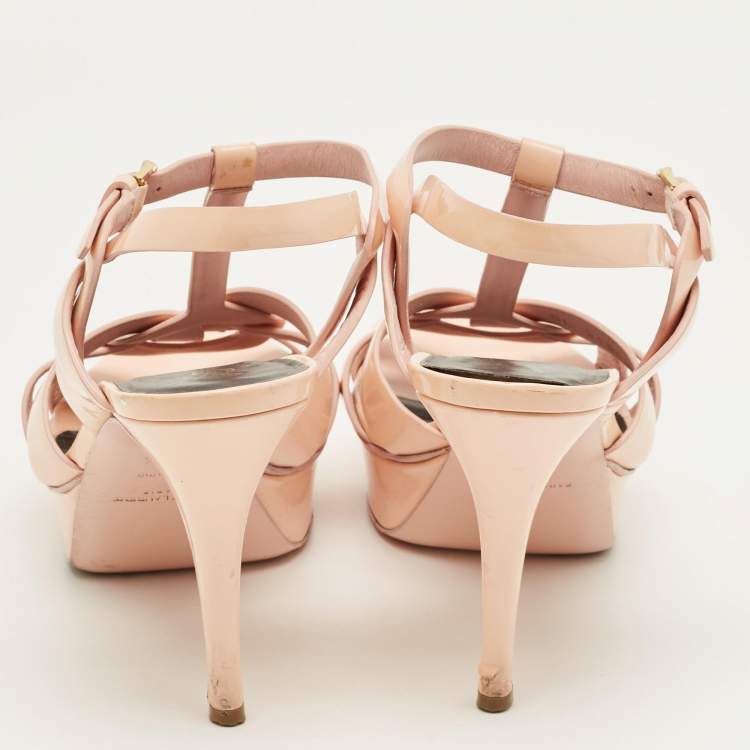 Pre Owned Saint Laurent Beige Patent Leather Tribute Platform Sandals Size 39.5